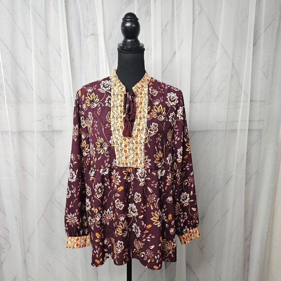 Dip Plum Orange Floral Boho Fairy Festival Peasant Blouse Size L - Picture 1 of 12